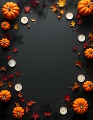 Halloween Flat Lay with Pumpkins, Candles, and Autumn Leaves on Dark Background