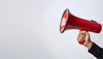 Hand holding A red megaphone announces sales and discounts, on a vibrant white background. Marketing banner