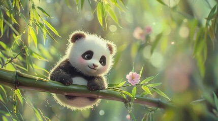 Obraz premium a panda bear perched atop a bamboo branch, holding a flower in its mouth, with a focused background