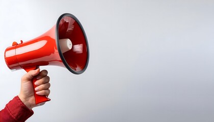 Hand holding A red megaphone announces sales and discounts, on a vibrant white background. Marketing banner