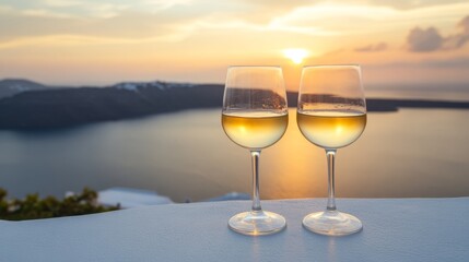 Obraz premium Closeup of two glasses of white wine on a rooftop terrace overlooking the ocean generative ai