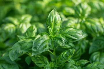 Vibrant green basil plant flourishing in a sunny garden