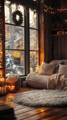 Obraz premium Cozy living room interior with a sofa, candles, string lights, and a view of a snowy winter landscape through a window