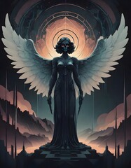 A celestial figure with large wings and a glowing halo, floating in a cosmic space with swirling colorful nebulae and stars, appearing as an angelic being illuminated by ethereal light, Generative AI.