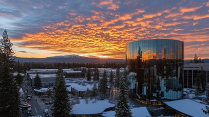As the sun rises, vibrant orange and yellow hues fill the sky, casting reflections on the glass walls and illuminating the serene landscape