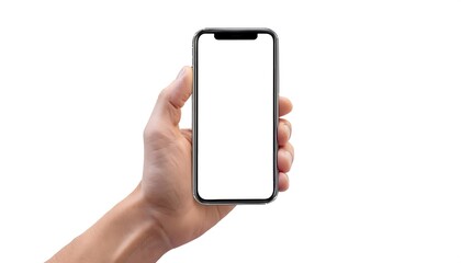 Smartphone mockup, phone holding by hand, isolated on a white background, white display, Mockup banner background