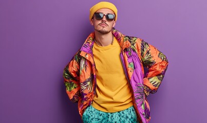 Obraz premium pretty young male hold empty space wear trendy colorful outfit isolated on violet color background