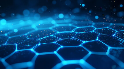 Obraz premium A blue-hued digital landscape filled with hexagonal shapes and glowing lights creates an abstract visualization of cybersecurity. The intricate pattern of connected dots and lines