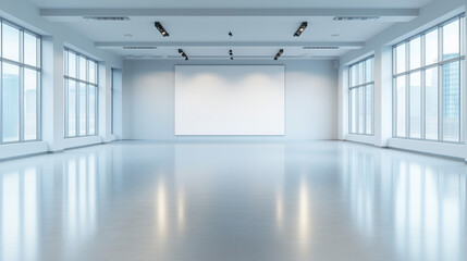 Obraz premium A spacious exhibition hall with a central blank wall acting as a canvas for presenting visual content such as artworks, advertisements, or digital designs. The room is illuminated