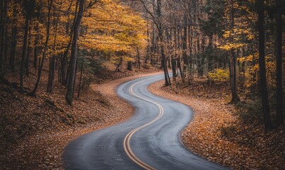 Fototapeta premium Scene of a quiet road winding through a forest covered with autumn leaves