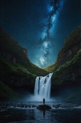 A tranquil night by the waterfall under a starry sky with the Milky Way shining brightly in the background.