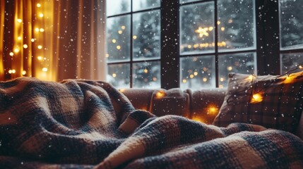 winter scene of a family room with a checkered blanket on a couch, twinkling lights and snowflakes falling outside the window generative ai
