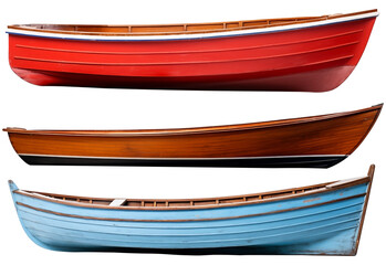 Close Up Side View To a Set Of Small wooden Colored boats PNG isolated on white and transparent background - Rowboat Wooden Canoe vessel Small Sailboat Wooden skiff