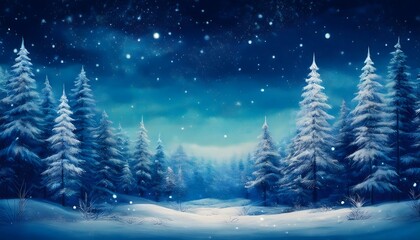 Naklejka premium Winter night landscape. snowy forest, horizontal photo with copy space, Christmas Background, banner