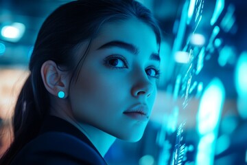 A captivating young woman gazes thoughtfully while surrounded by glowing blue lights and digital patterns. This modern portrait captures the essence of technology. Generative AI