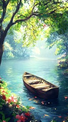 Fototapeta premium Serene Forest River Landscape with Rowboat and Flowers