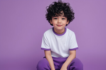 Person in white t-shirt with purple edges and purple sweatpants, purple studio background, half-body portrait
