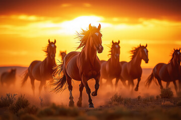 Wild Horses Running at Sunset in the Desert