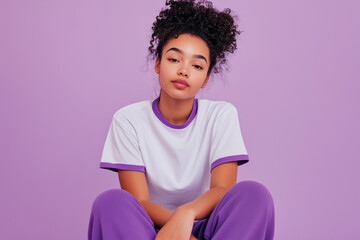 Person in white t-shirt with purple edges and purple sweatpants, purple studio background, half-body portrait
