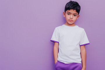 Person in white t-shirt with purple edges and purple sweatpants, purple studio background, half-body portrait