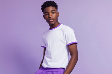 Obraz premium Person in white t-shirt with purple edges and purple sweatpants, purple studio background, half-body portrait