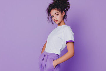 Person in white t-shirt with purple edges and purple sweatpants, purple studio background, half-body portrait