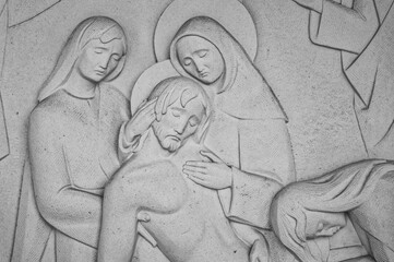 Jesus is laid in the tomb. Station XIV of the Way of the Cross. Valinhos (Fátima), Portugal.