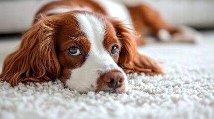   A close-up of a dog lying on a carpet with its head resting on the floor and eyes open