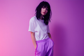 Person in white t-shirt with purple edges and purple sweatpants, purple studio background, half-body portrait
