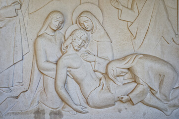 Jesus is laid in the tomb. Station XIV of the Way of the Cross. Valinhos (Fátima), Portugal.