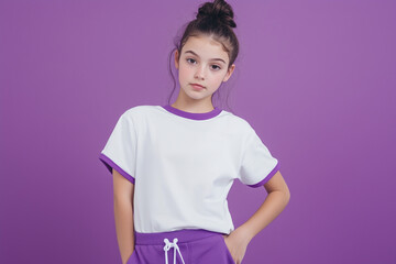 Person in white t-shirt with purple edges and purple sweatpants, purple studio background, half-body portrait