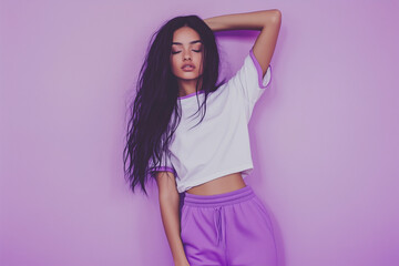Person in white t-shirt with purple edges and purple sweatpants, purple studio background, half-body portrait