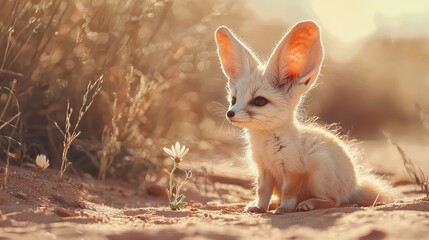   Small white fox on grass and flower field during sunny day