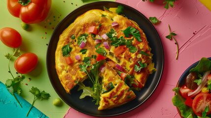 A traditional Argentine Tortilla de Papas, potato omelette, garnished with fresh herbs, ideal for a comforting meal.