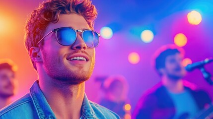 Young music enthusiast enjoying live concert with vibrant neon lights