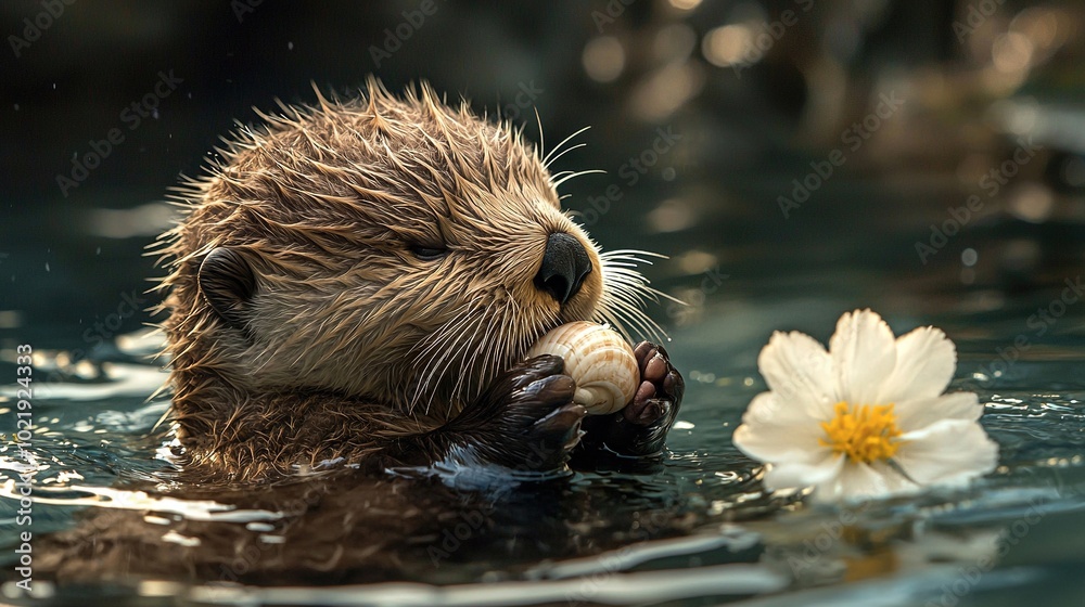 Poster   A close-up of a small animal in water with a flower in its mouth and a blurry background