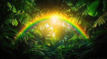 Vibrant rainbow illuminates lush tropical rainforest with sunlight