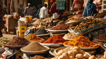 Fototapeta premium Dive into the bustling atmosphere of an Ethiopian street market, showcasing an array of spices, fresh fruits, and vegetables that highlight the region's rich culinary traditions.