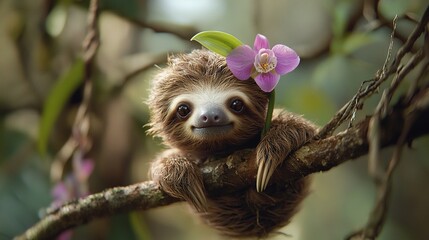 Fototapeta premium A baby sloth adorned with a pink flower atop a treetop branch, surrounded by a hazy background