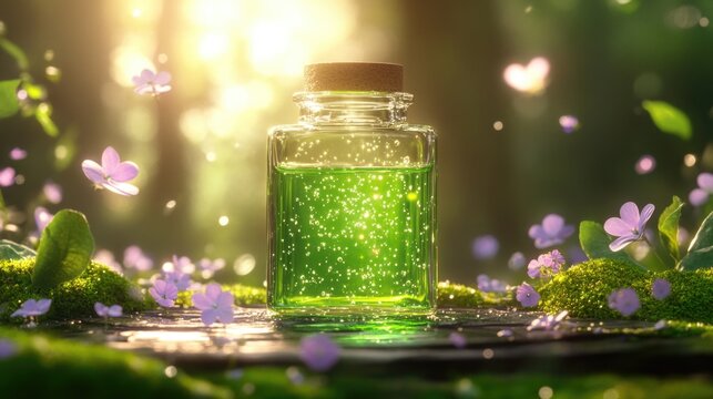 Enchanting forest elixir jar with glowing green potion and floating petals