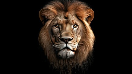 Fototapeta premium A black background with the close-up of a lion's face and only the head visible in the foreground