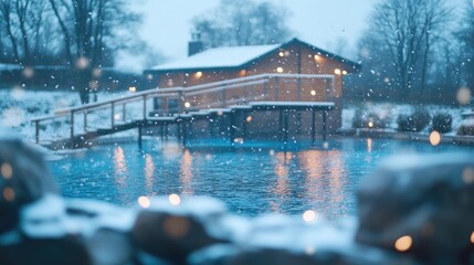 Winter evening by the poolside with snowfall and cozy cabin retreat