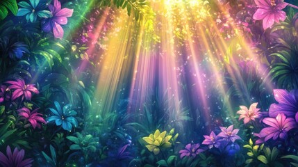 Enchanted garden with radiant sunbeams and colorful blooms in lush jungle