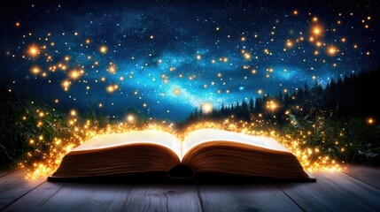 Magical open book under starry night sky with glowing sparkles