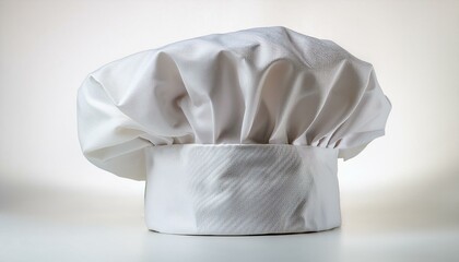 A closeup of a chef toque or a white chef hat with a white background