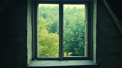 Fototapeta premium Old window with view of forest trees through glass pane in an attic