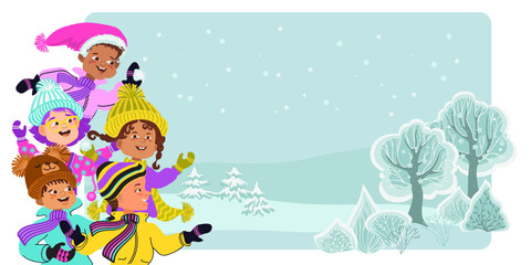 Group of happy kids against the background of a winter snowy landscape. Children laugh and wave their hands. Cute cartoon children in bright winter clothes. Vector flat illustration.