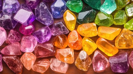 Colorful assorted gemstones on wooden background displaying natural beauty