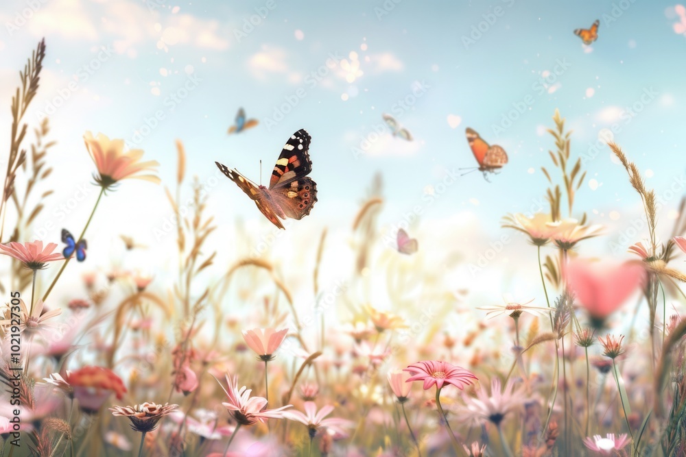 Sticker Butterflies dance gracefully over vibrant meadow flowers, creating a beautiful spring atmosphere filled with life and color. Generative AI