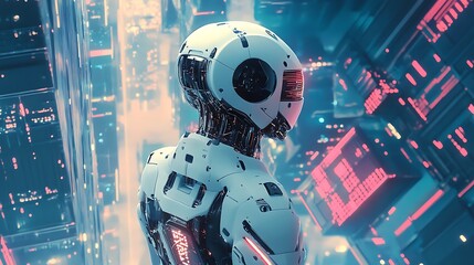 Futuristic cyborg robot standing in cyberpunk city with neon lights, AI, technology and innovation concept.